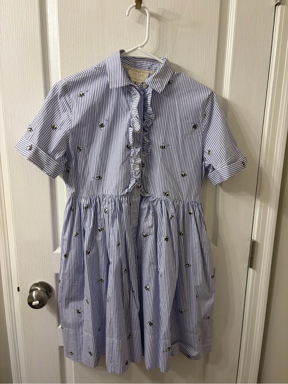 kate spade Blue and White Striped Ruffle-Front Shirt Dress